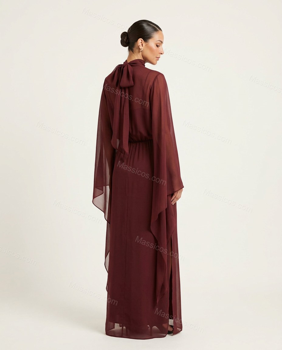 Burgundy Maxi Dress, back studio view showing bow detail at the back with a flowing silhouette, by Massicos