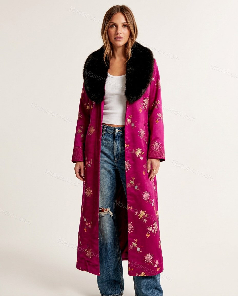 Magenta Floral Embroidered Faux-Fur Coat, front studio view, by Massicos