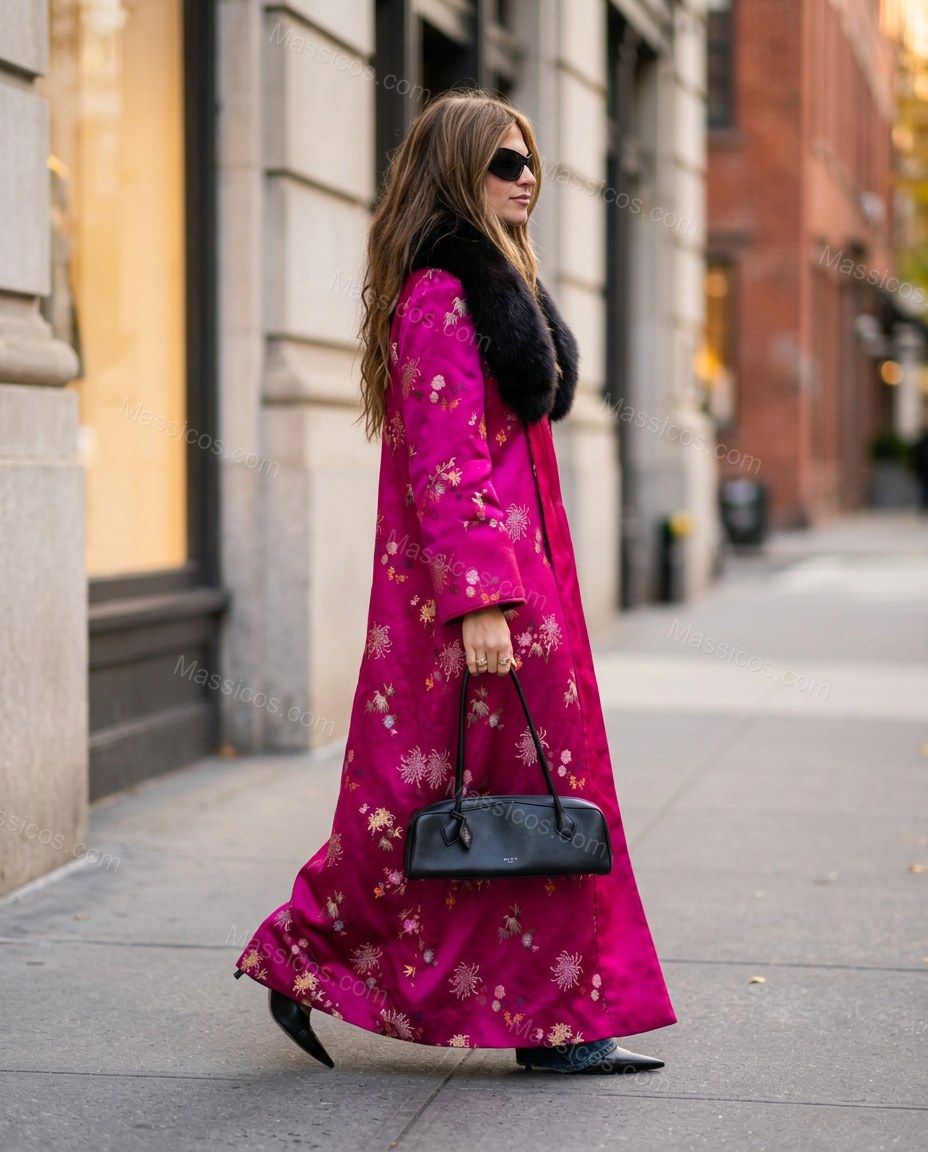 Magenta Floral Embroidered Faux-Fur Coat, walking lifestyle view, by Massicos
