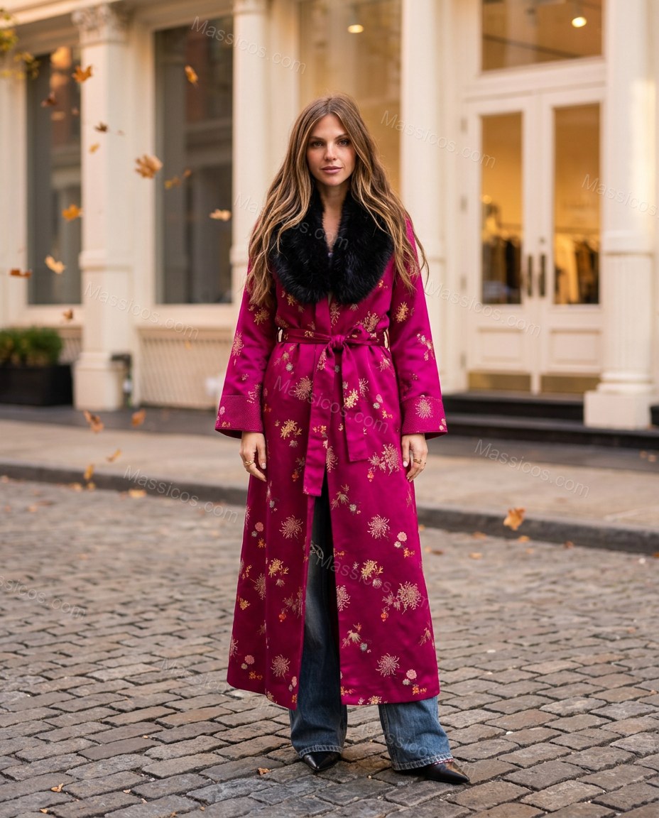 Magenta Floral Embroidered Faux-Fur Coat, full-length hero view, by Massicos