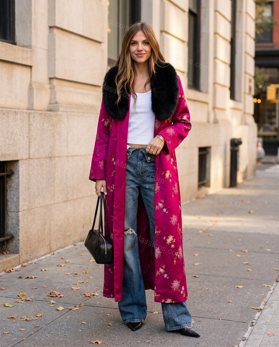 Magenta Floral Embroidered Faux-Fur Coat, movement and fit lifestyle view, by Massicos