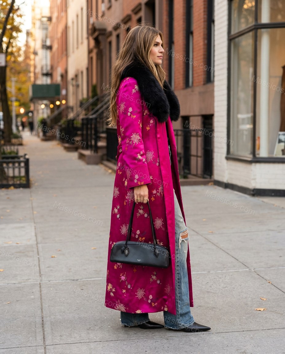 Magenta Floral Embroidered Faux-Fur Coat, alternate use-case lifestyle view, by Massicos