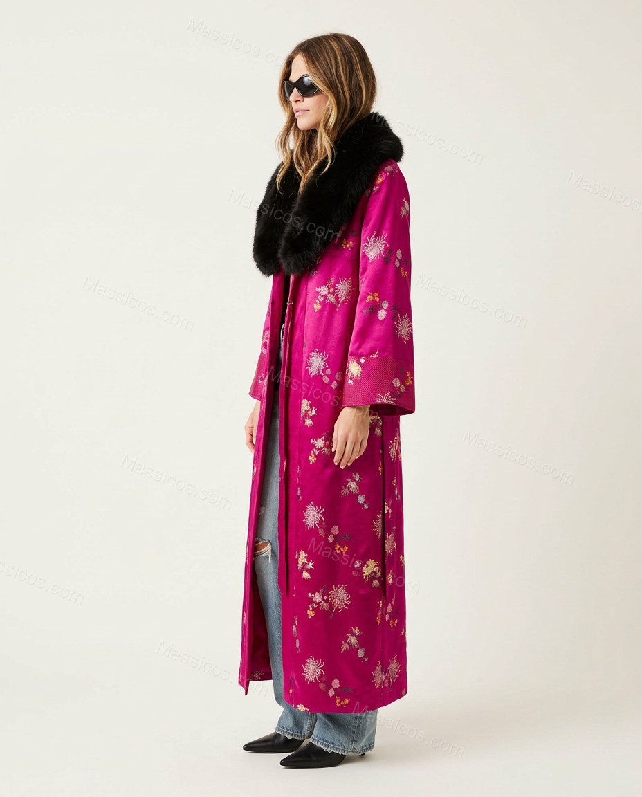 Magenta Floral Embroidered Faux-Fur Coat, side and back studio view, by Massicos