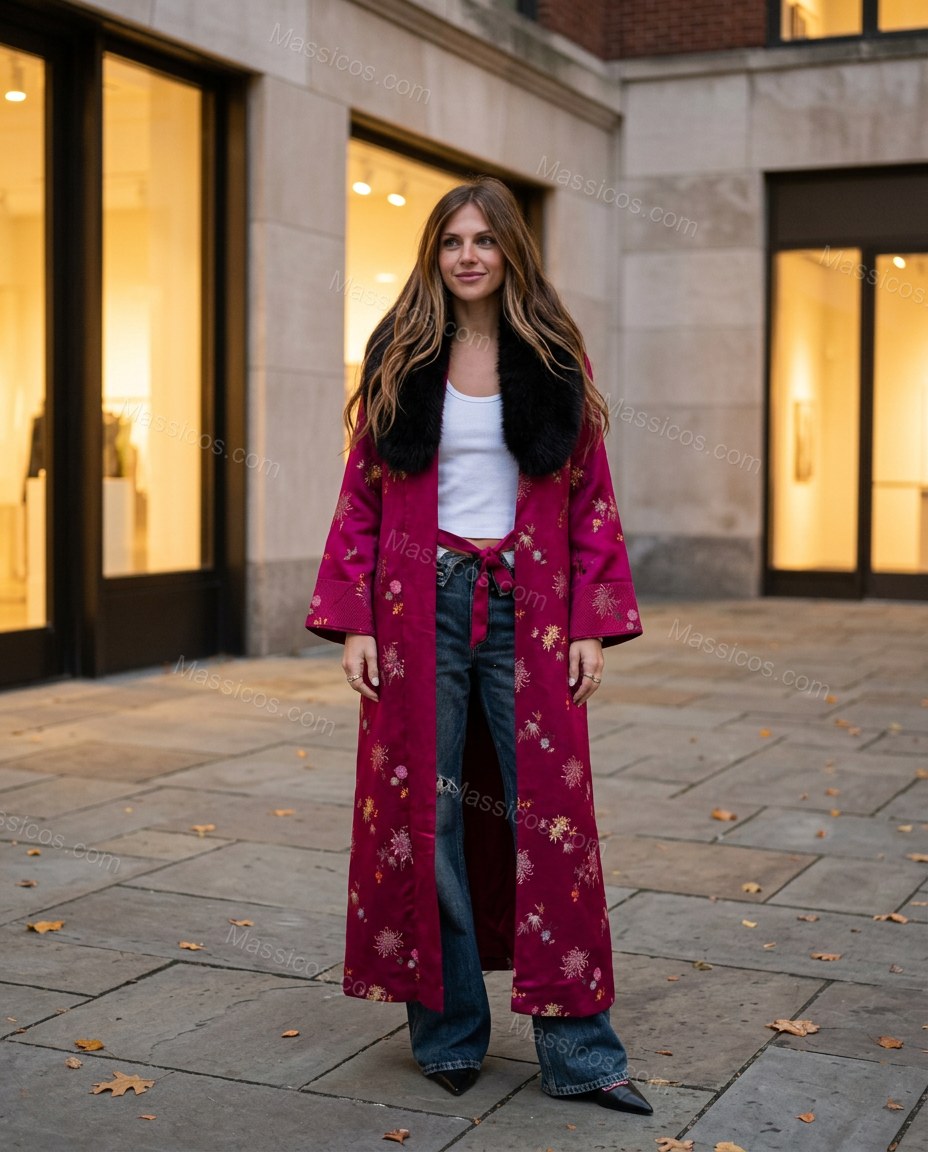 Magenta Floral Embroidered Faux-Fur Coat, three-quarter brand lifestyle view, by Massicos