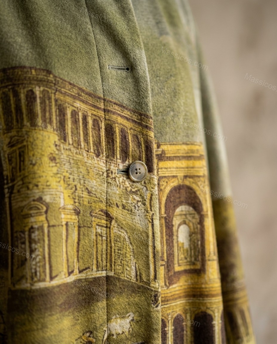 Olive Green Coat, close-up of yellow and brown accents, button front and graphic print, by Massicos