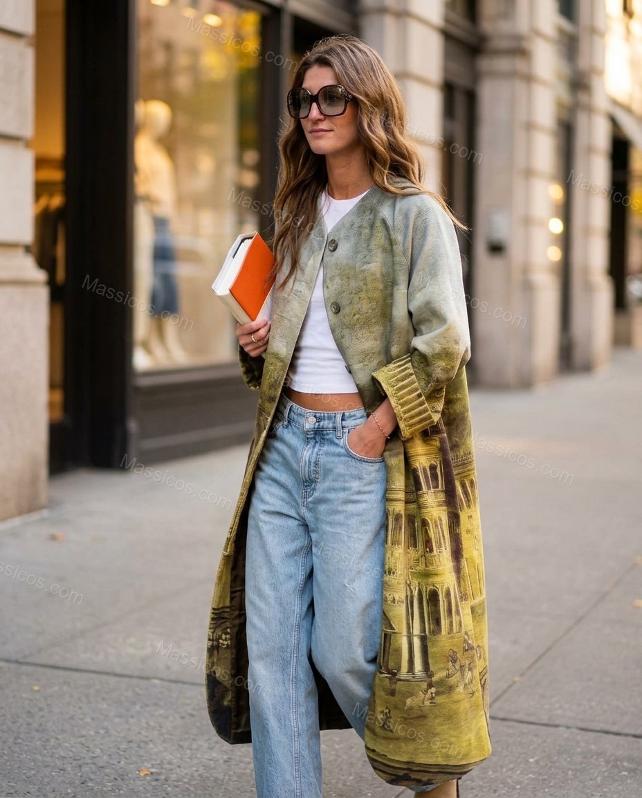 Olive Green Coat, walking lifestyle view, by Massicos