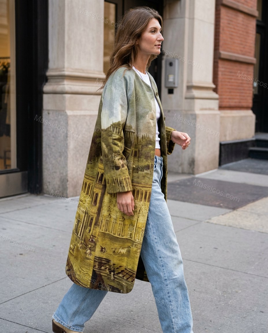 Olive Green Coat, movement and fit lifestyle view, by Massicos