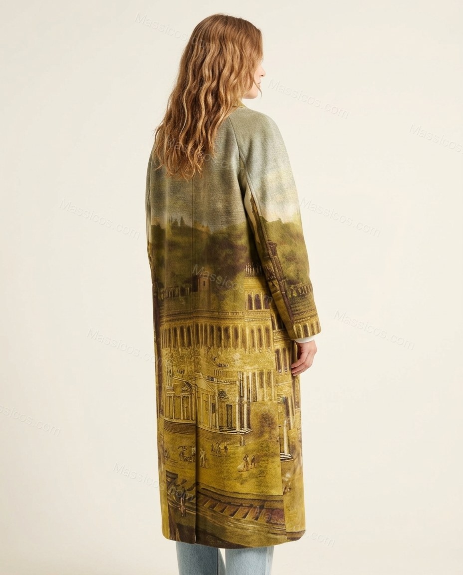 Olive Green Coat, back studio view showing no visible back details, by Massicos