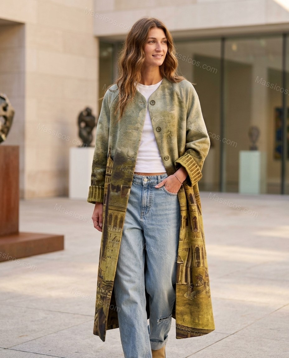 Olive Green Coat, three-quarter brand lifestyle view, by Massicos