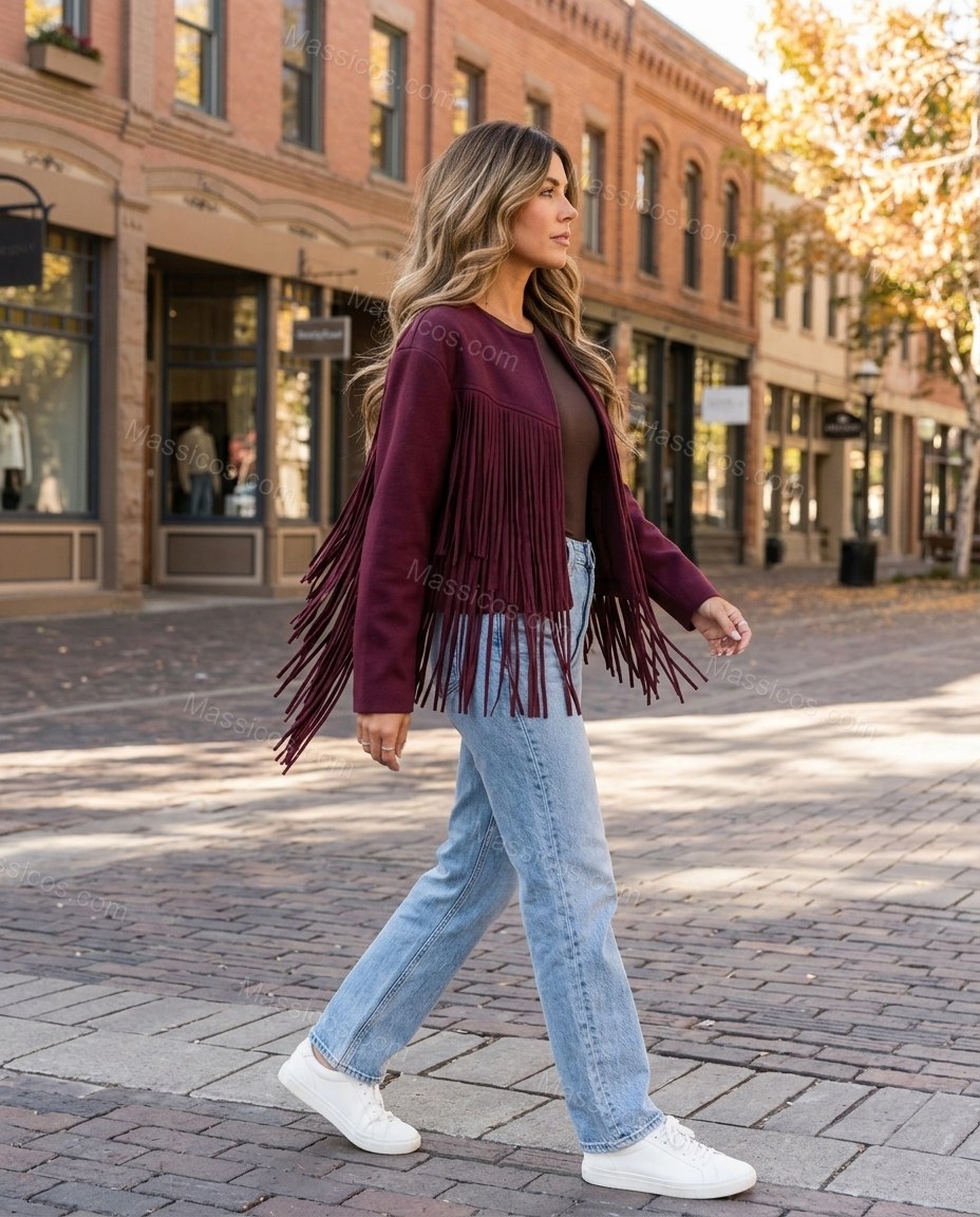 Burgundy Cape Fringe Jacket, movement and fit lifestyle view, by Massicos