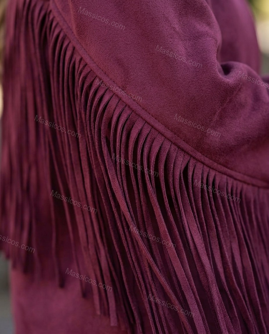 Burgundy Cape Fringe Jacket, close-up of fringe, open-front design and long sleeves, by Massicos