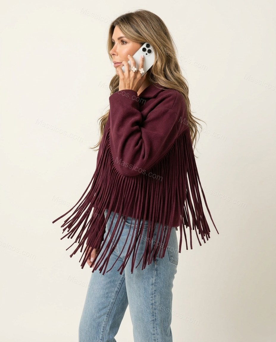 Burgundy Cape Fringe Jacket, side and back studio view, by Massicos