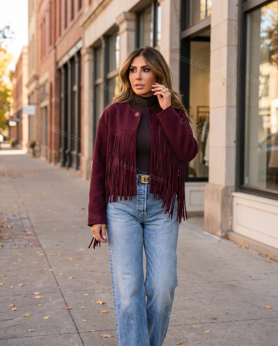 Burgundy Cape Fringe Jacket, alternate use-case lifestyle view, by Massicos
