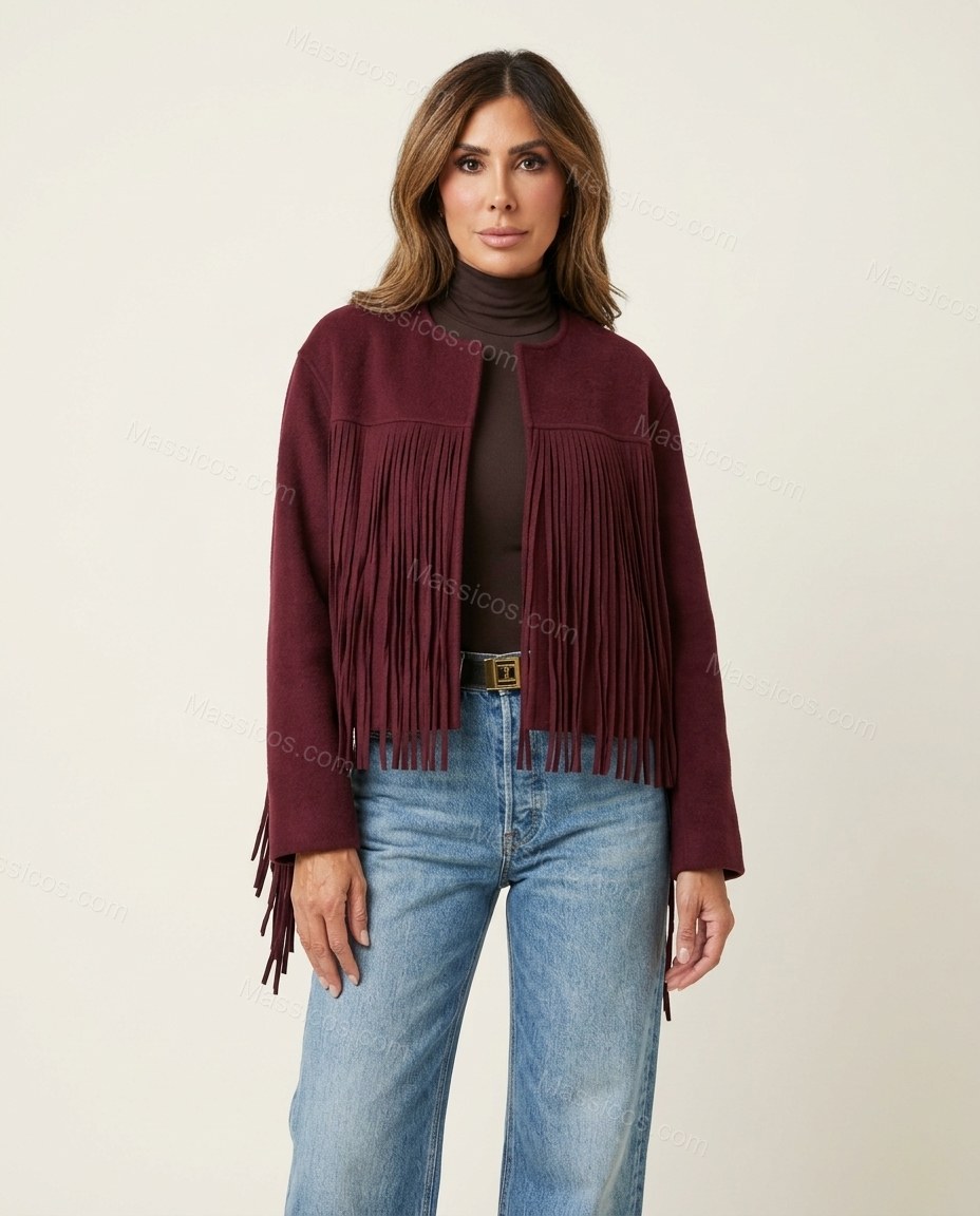 Burgundy Cape Fringe Jacket, front studio view, by Massicos