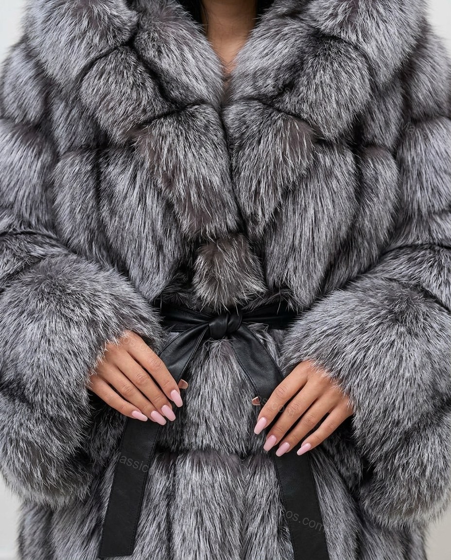 Silver Coat, close-up of black accents, hood and self-tie belt, by Massicos