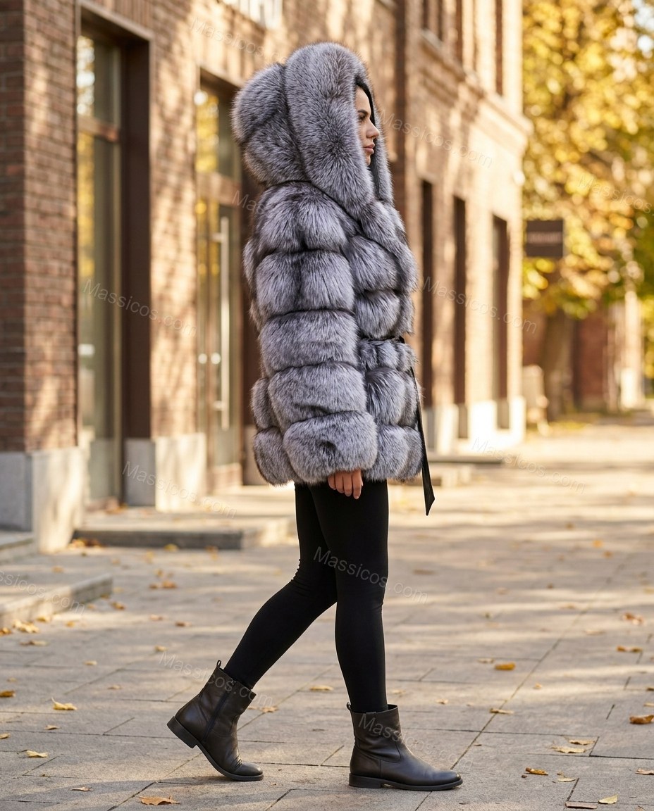 Silver Coat, walking lifestyle view, by Massicos