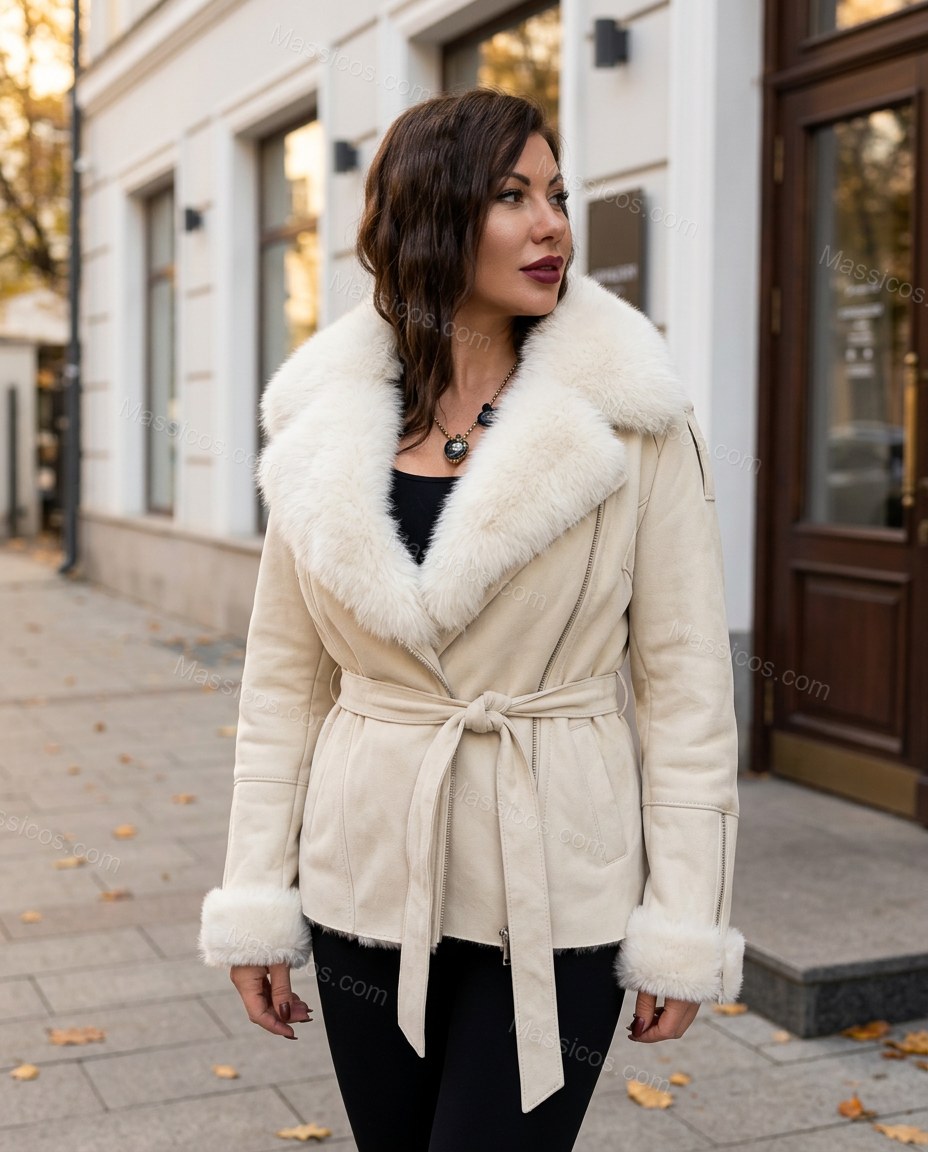 Cream Asymmetric Jacket, alternate use-case lifestyle view, by Massicos