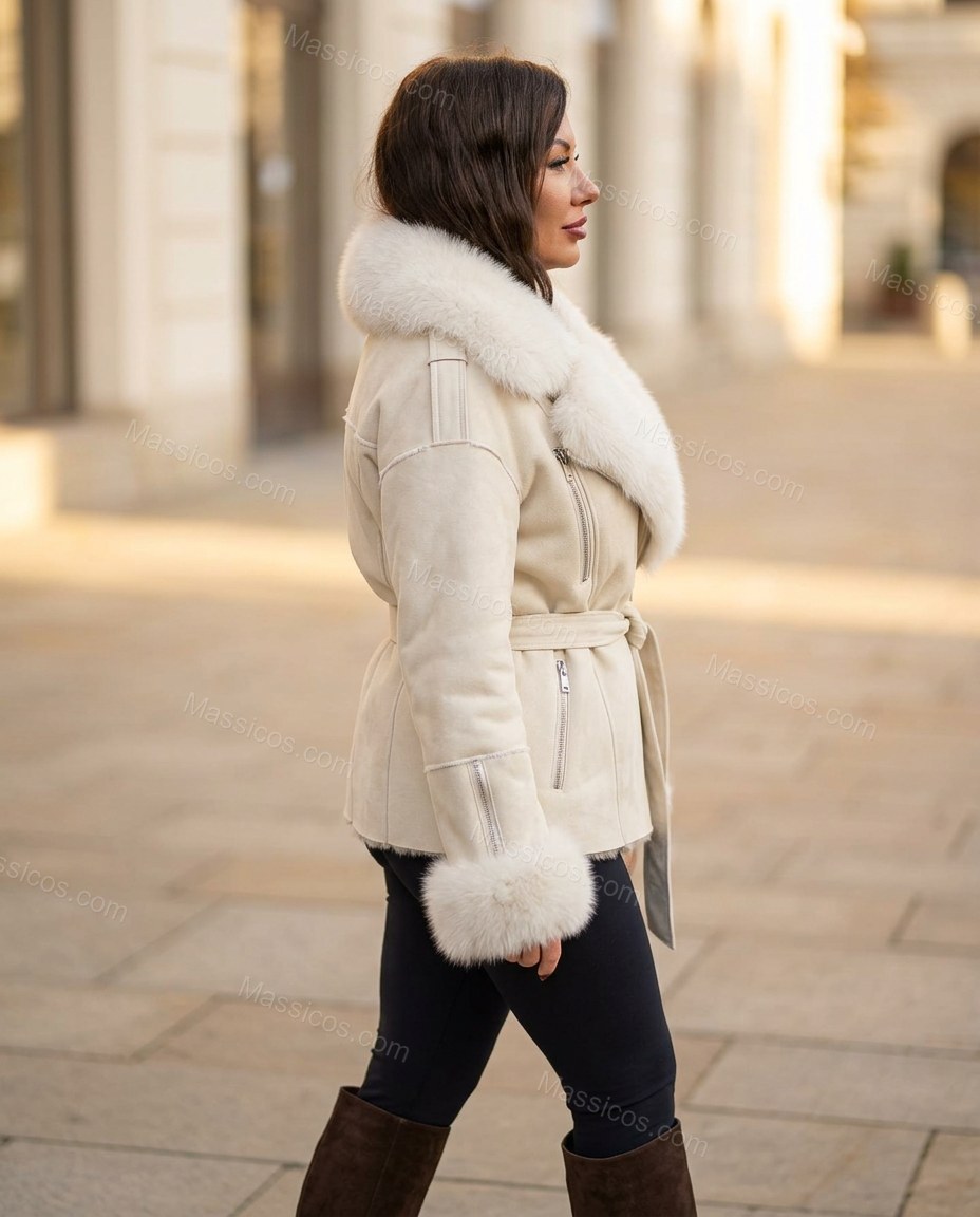 Cream Asymmetric Jacket, walking lifestyle view, by Massicos
