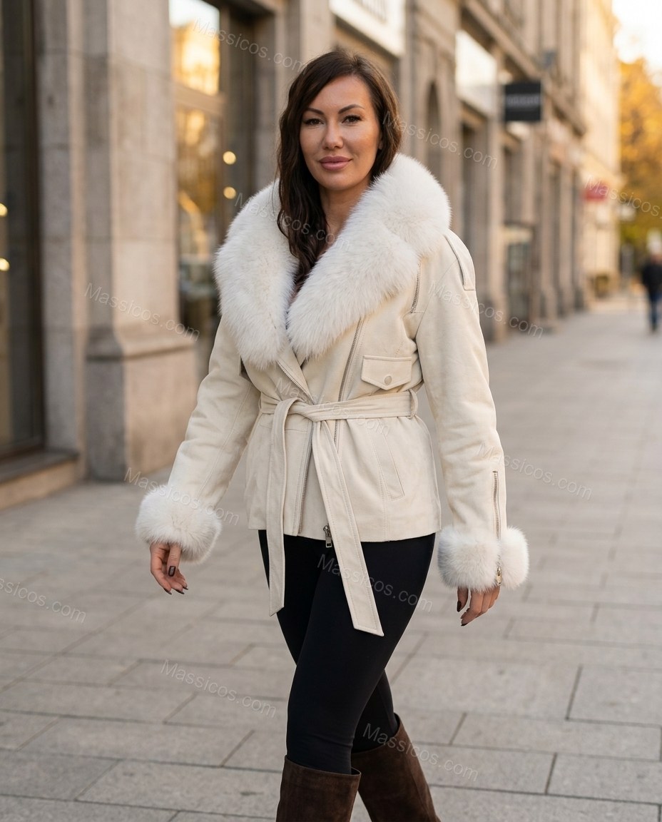 Cream Asymmetric Jacket, movement and fit lifestyle view, by Massicos