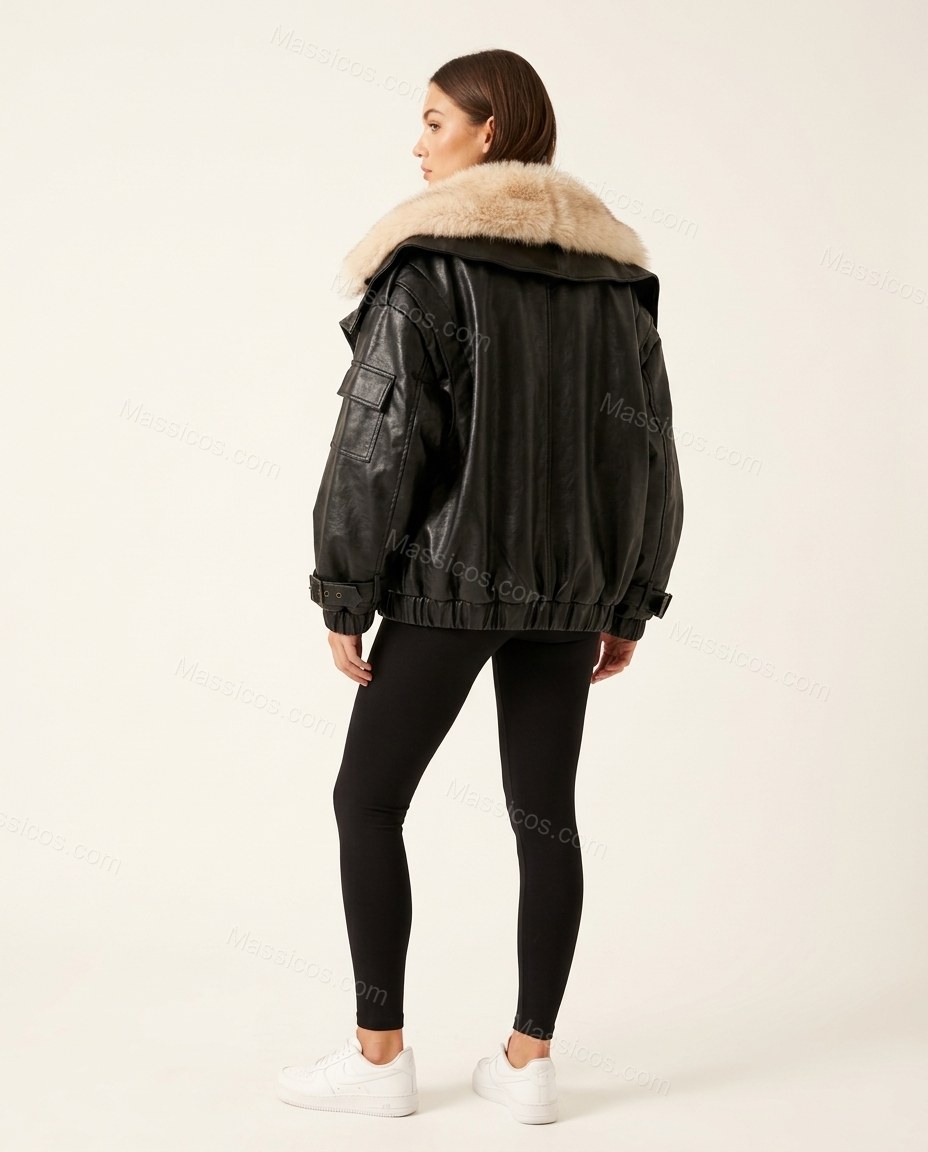 Black Faux-Fur Ribbed Jacket, back studio view showing no visible back details, by Massicos