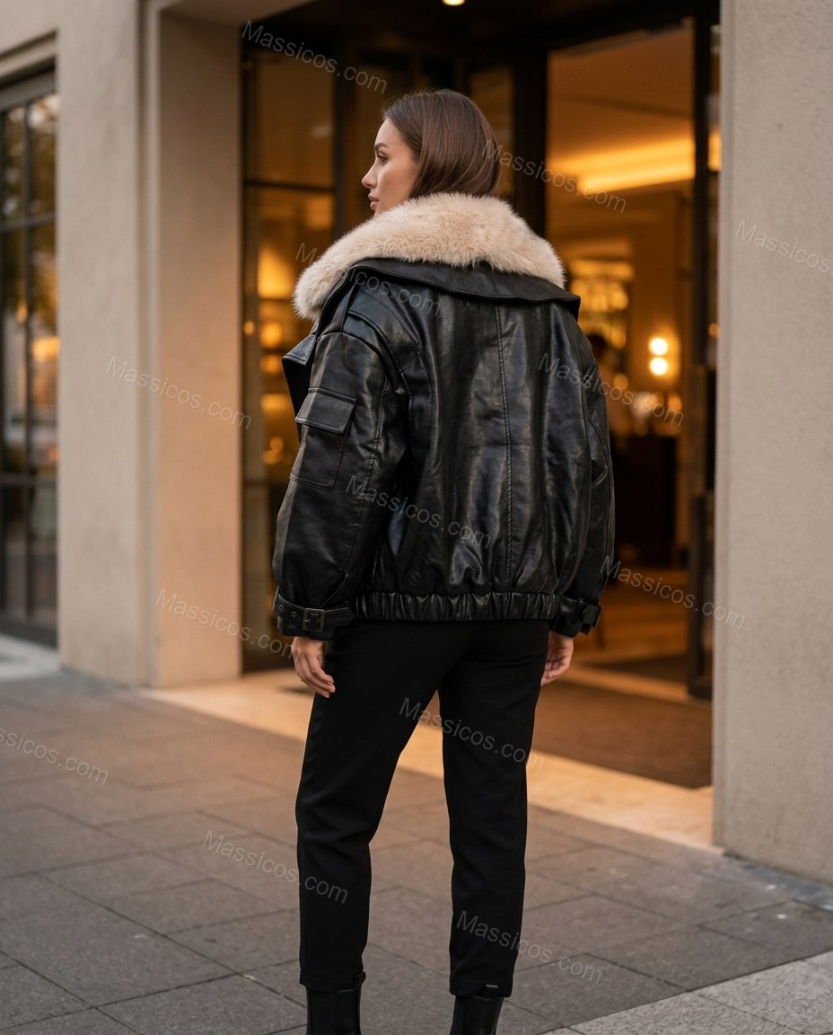 Black Faux-Fur Ribbed Jacket, alternate use-case lifestyle view, by Massicos