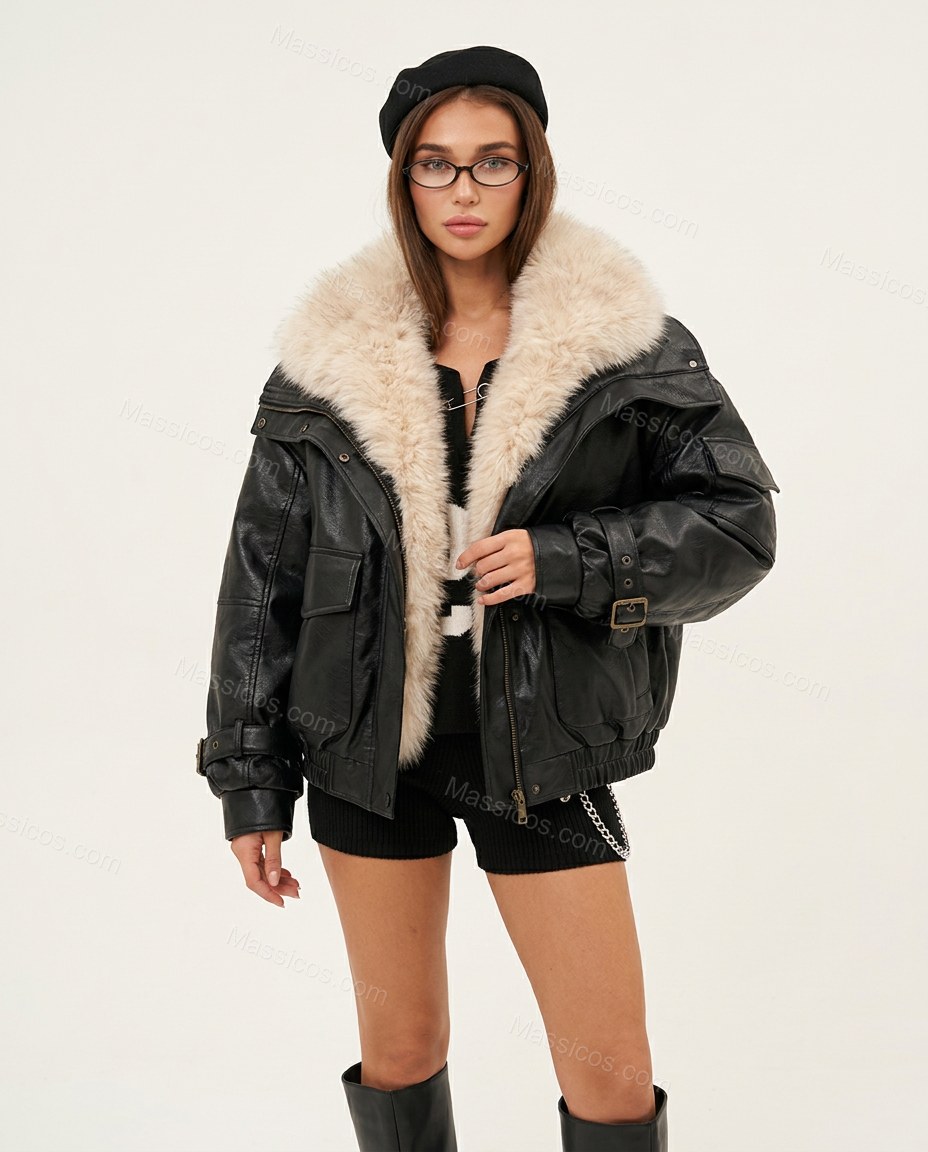 Black Faux-Fur Ribbed Jacket, front studio view, by Massicos