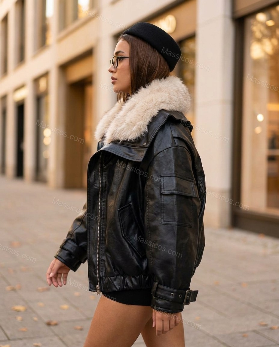 Black Faux-Fur Ribbed Jacket, walking lifestyle view, by Massicos