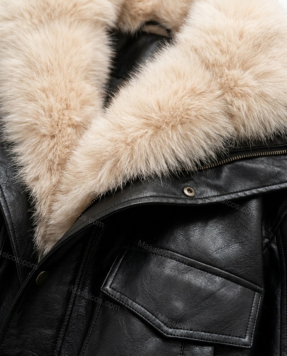 Black Faux-Fur Ribbed Jacket, close-up of beige and brown accents, faux fur collar and zipper front closure, by Massicos