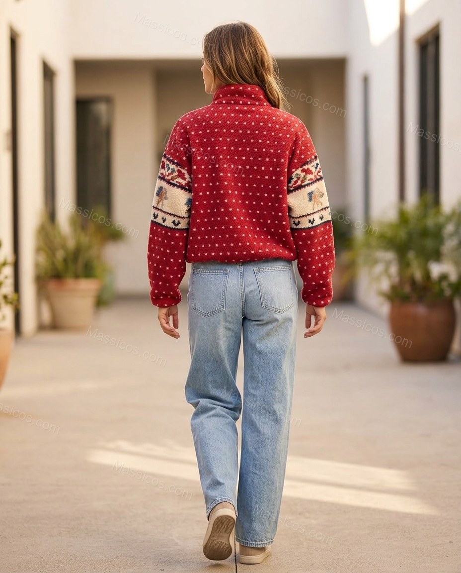 Red Polka Dot Knit Ribbed Jacket, movement and fit lifestyle view, by Massicos