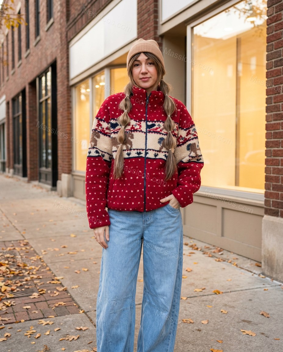 Red Polka Dot Knit Ribbed Jacket, alternate use-case lifestyle view, by Massicos