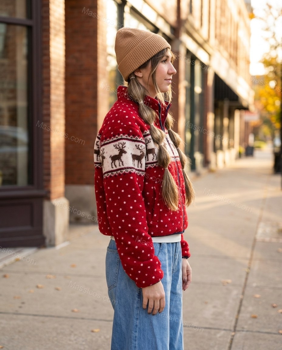 Red Polka Dot Knit Ribbed Jacket, walking lifestyle view, by Massicos