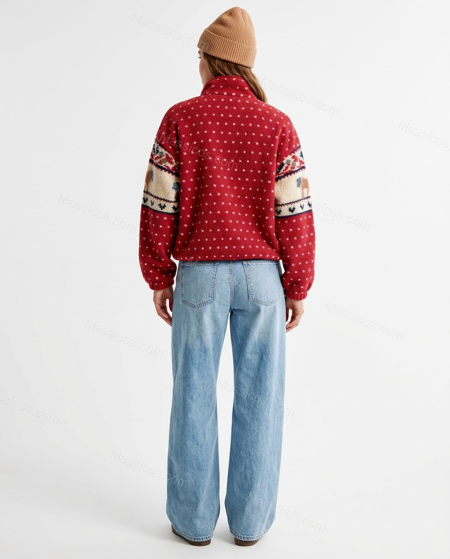 Red Polka Dot Knit Ribbed Jacket, back studio view showing plain red fleece with no visible design features, by Massicos