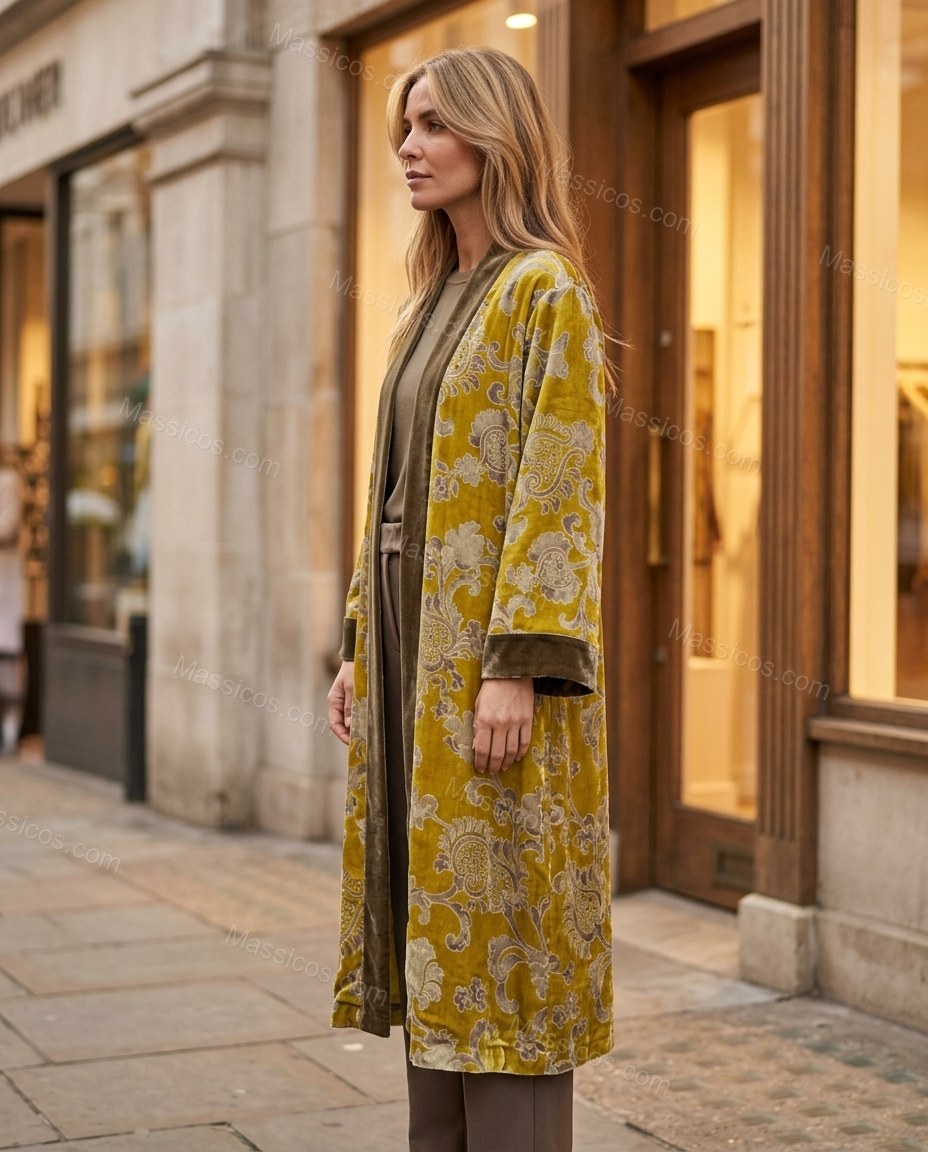 Mustard Yellow Floral Cape Velvet Outerwear, three-quarter brand lifestyle view, by Massicos