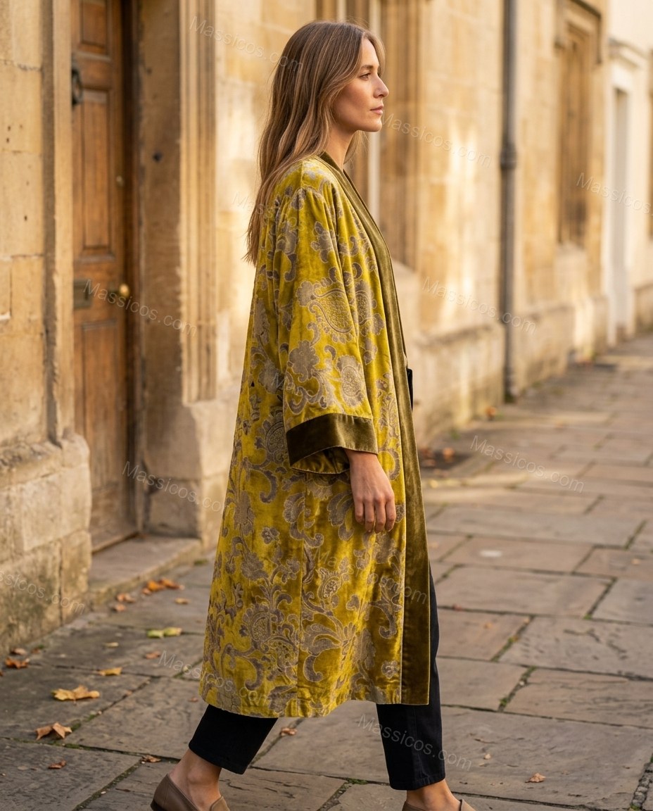 Mustard Yellow Floral Cape Velvet Outerwear, movement and fit lifestyle view, by Massicos