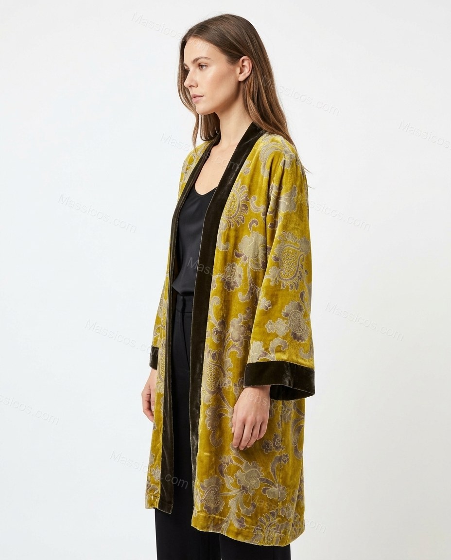 Mustard Yellow Floral Cape Velvet Outerwear, side and back studio view, by Massicos