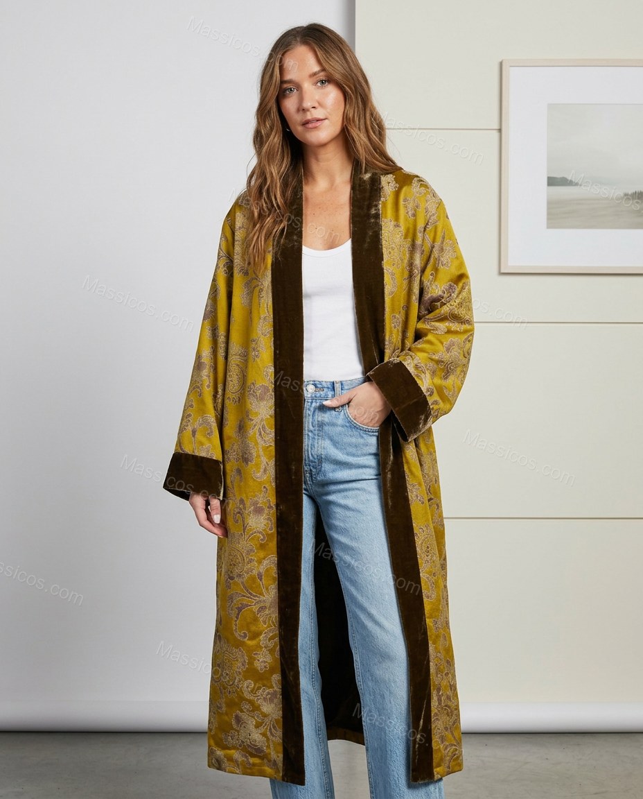 Mustard Yellow Floral Cape Velvet Outerwear, front studio view, by Massicos