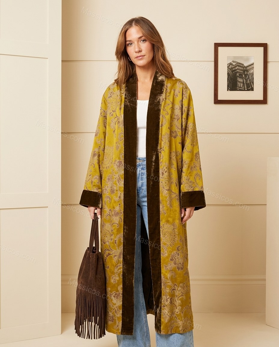 Mustard Yellow Floral Cape Velvet Outerwear, full-length hero view, by Massicos