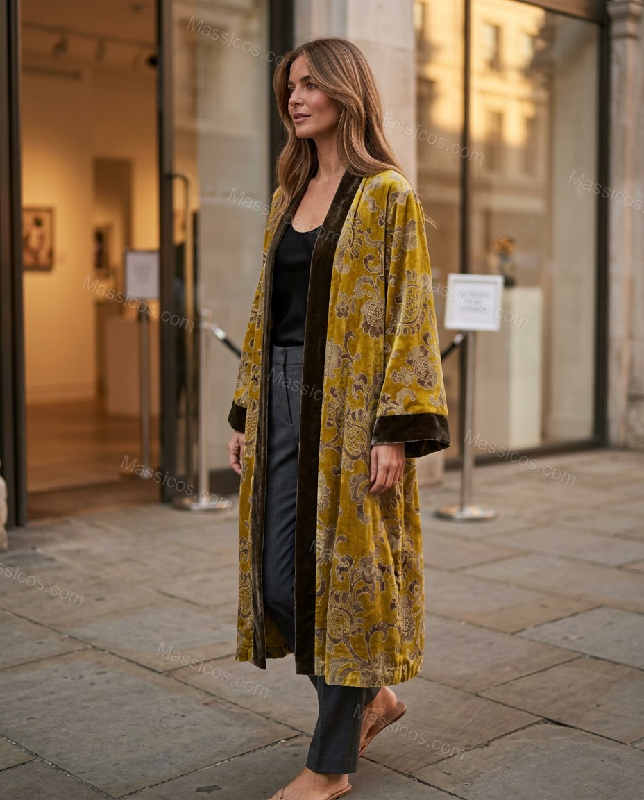 Mustard Yellow Floral Cape Velvet Outerwear, walking lifestyle view, by Massicos