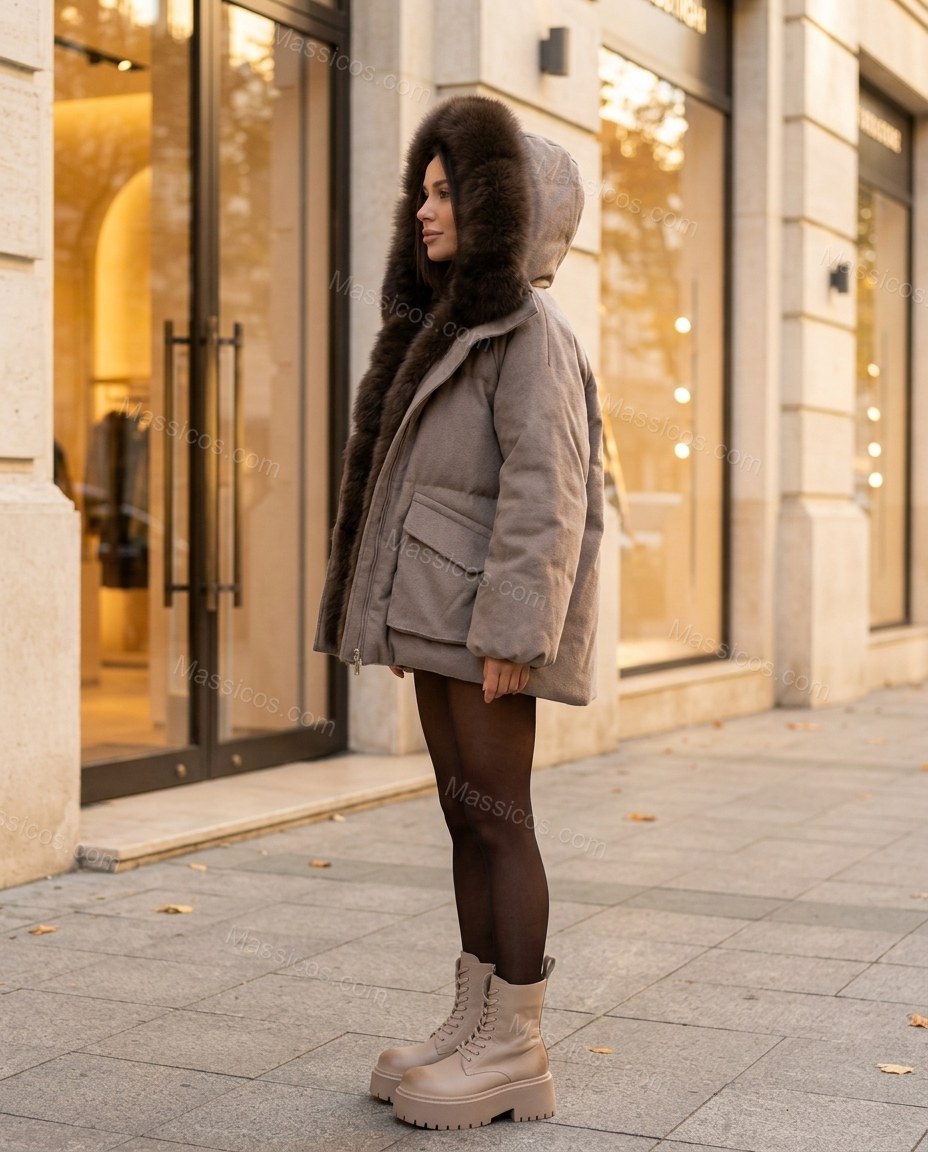 Taupe Faux-Fur Jacket, three-quarter brand lifestyle view, by Massicos