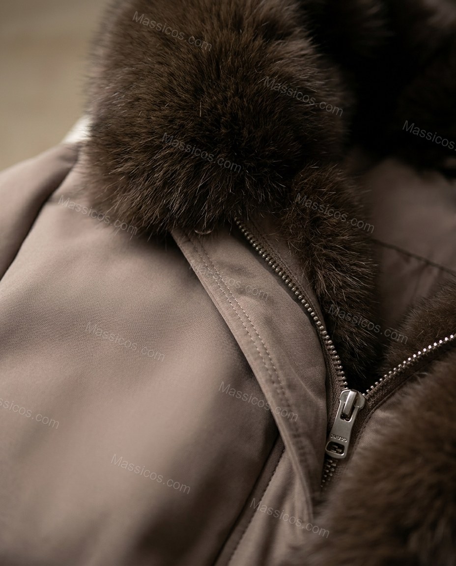 Taupe Faux-Fur Jacket, close-up of mink brown accents, hood and faux fur trim, by Massicos
