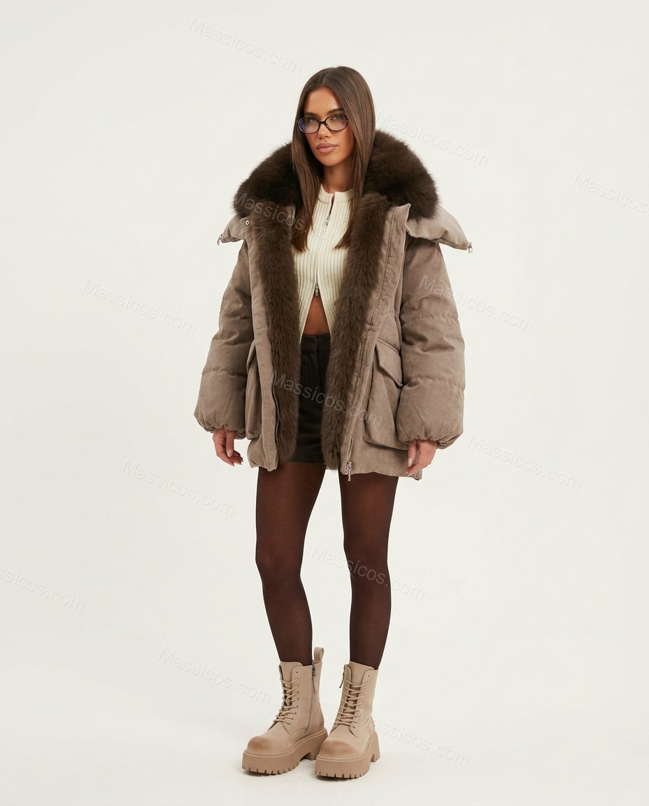 Taupe Faux-Fur Jacket, front studio view, by Massicos