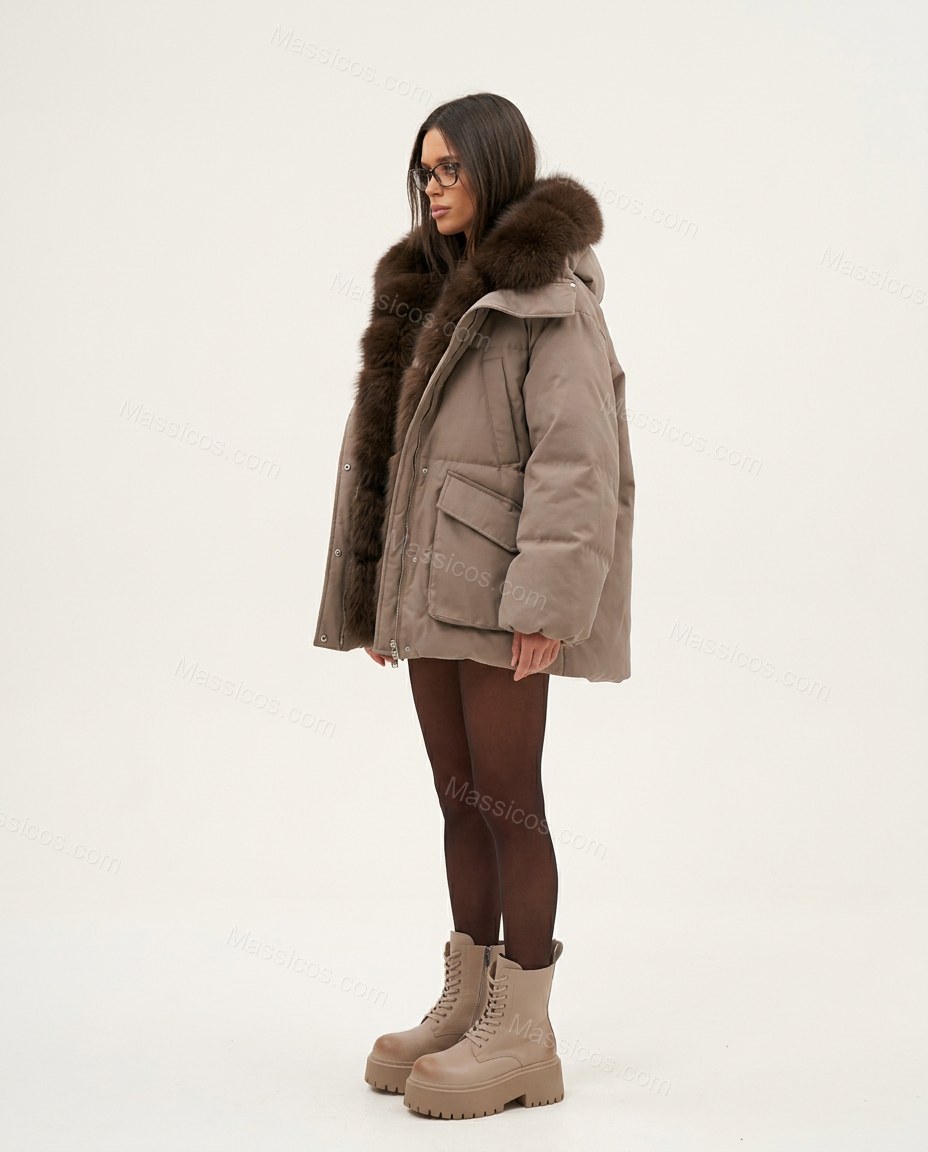 Taupe Faux-Fur Jacket, side and back studio view showing not visible, by Massicos