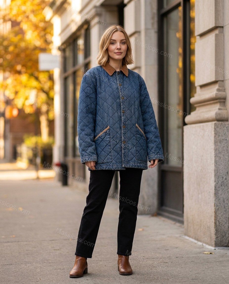 Blue Corduroy Denim Jacket, three-quarter brand lifestyle view, by Massicos