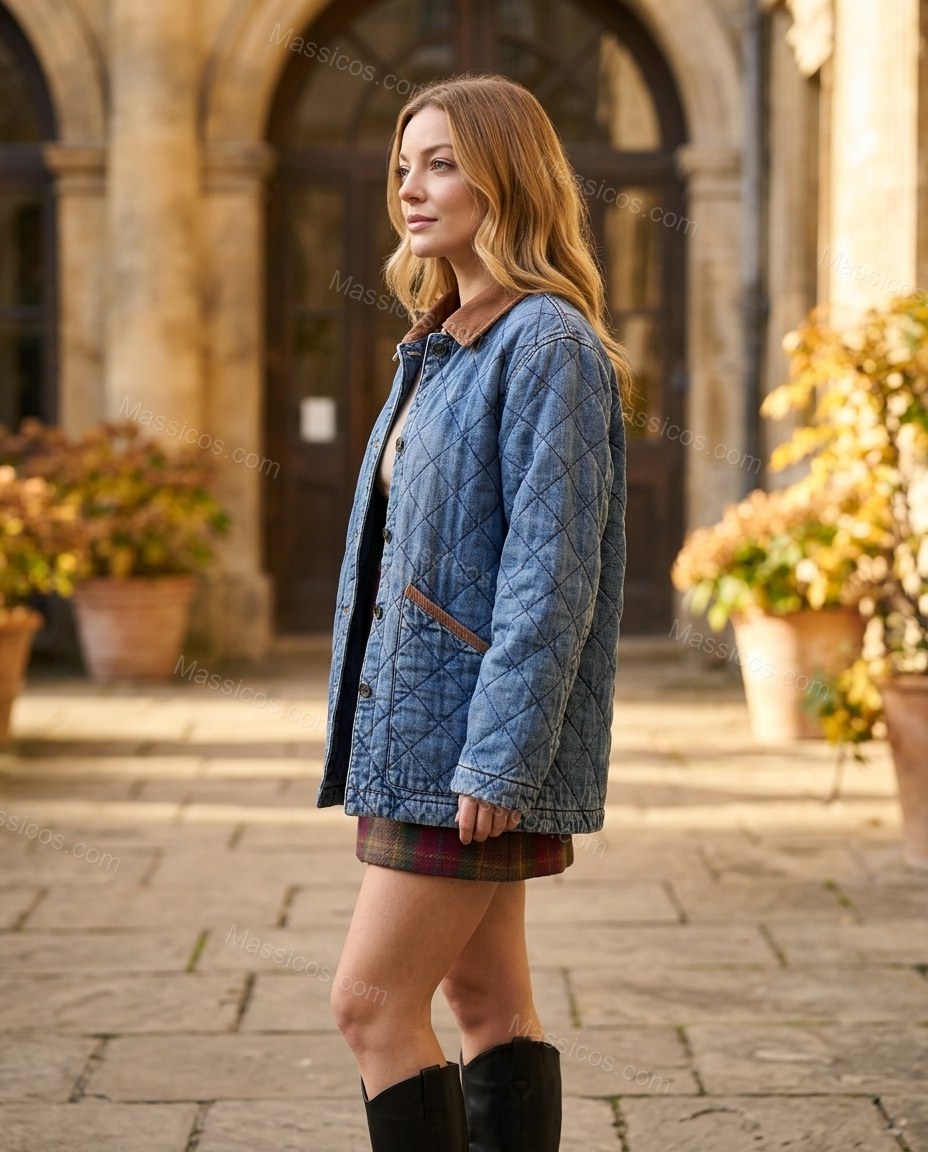 Blue Corduroy Denim Jacket, walking lifestyle view, by Massicos