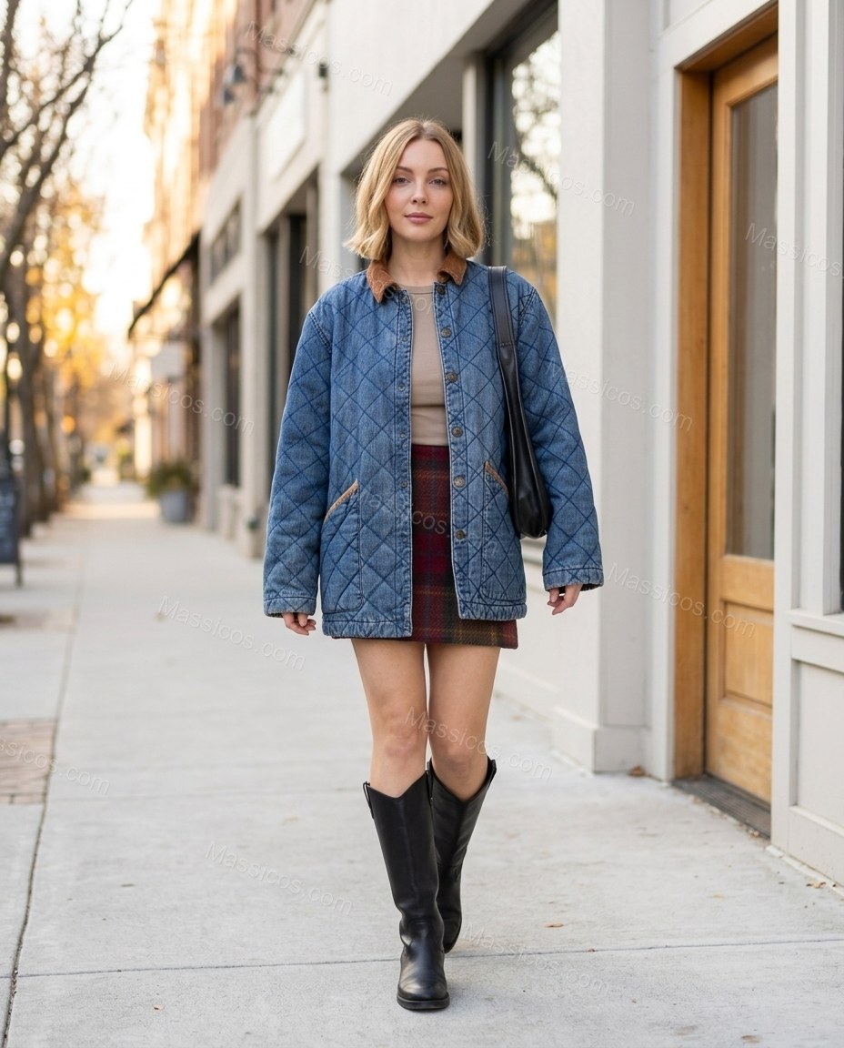 Blue Corduroy Denim Jacket, movement and fit lifestyle view, by Massicos