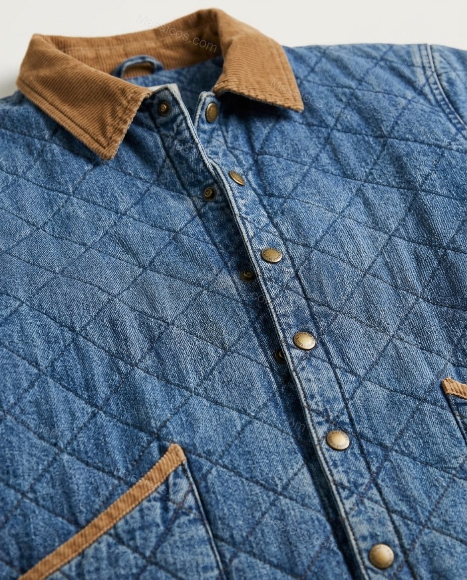 Blue Corduroy Denim Jacket, close-up of brown accents, front button closure and patch pockets, by Massicos