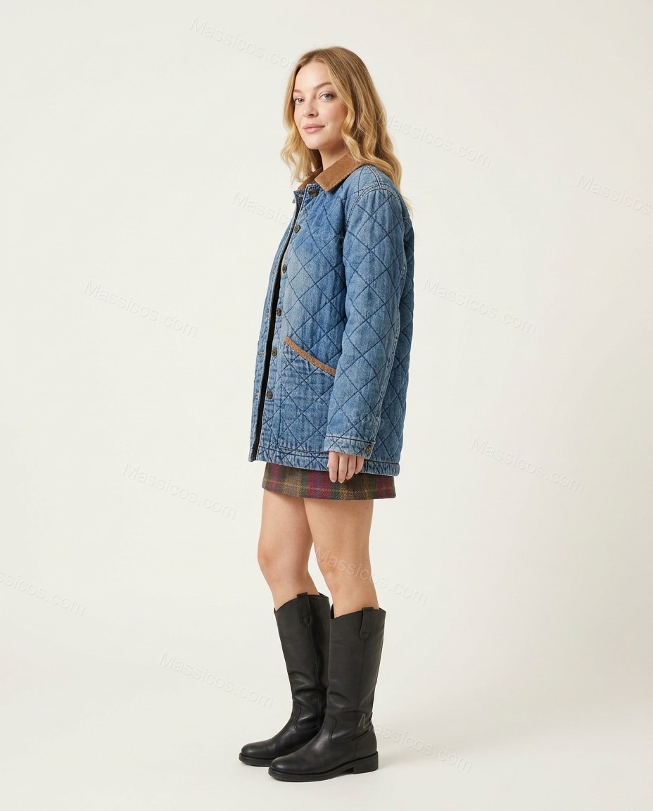 Blue Corduroy Denim Jacket, side and back studio view, by Massicos