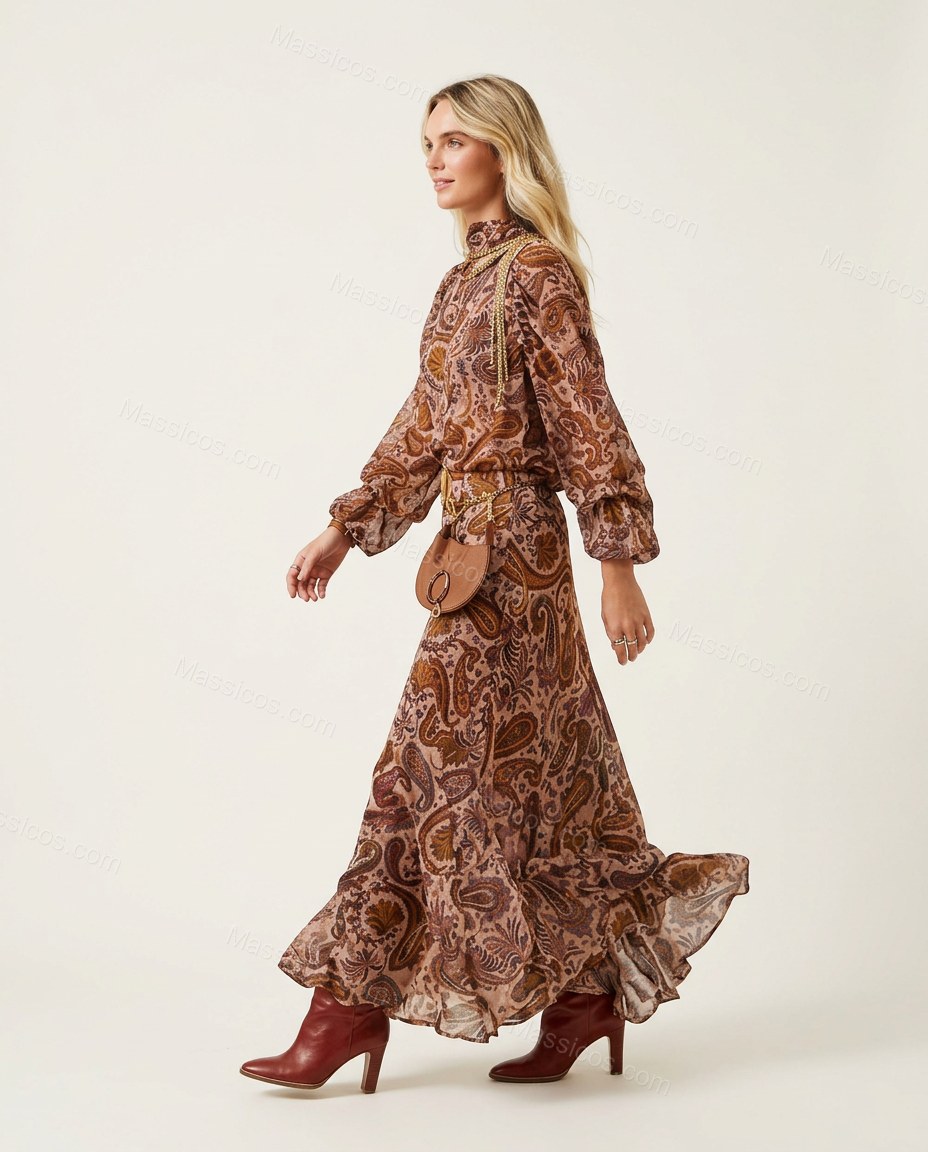 Brown Paisley Maxi Ruffled Dress, side and back studio view, by Massicos