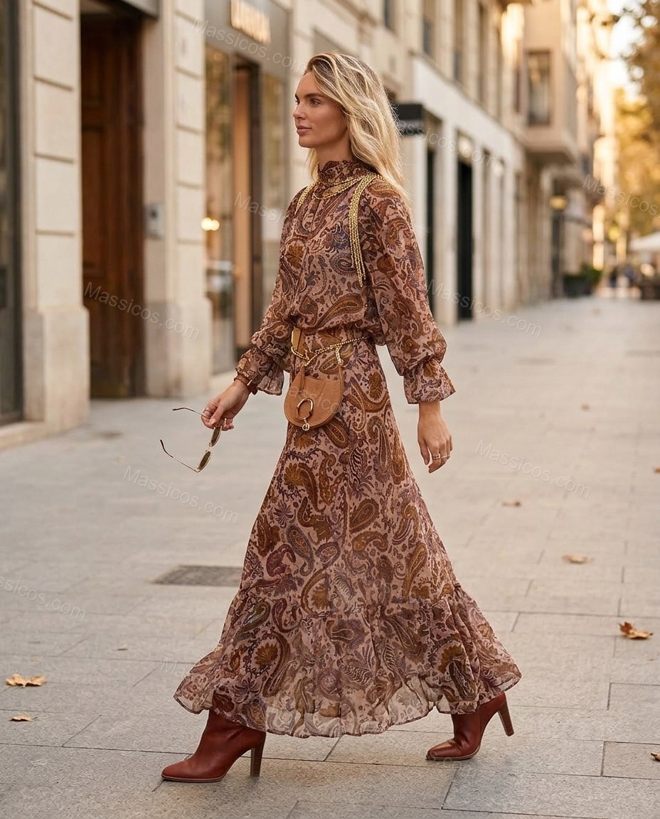Brown Paisley Maxi Ruffled Dress, walking lifestyle view, by Massicos