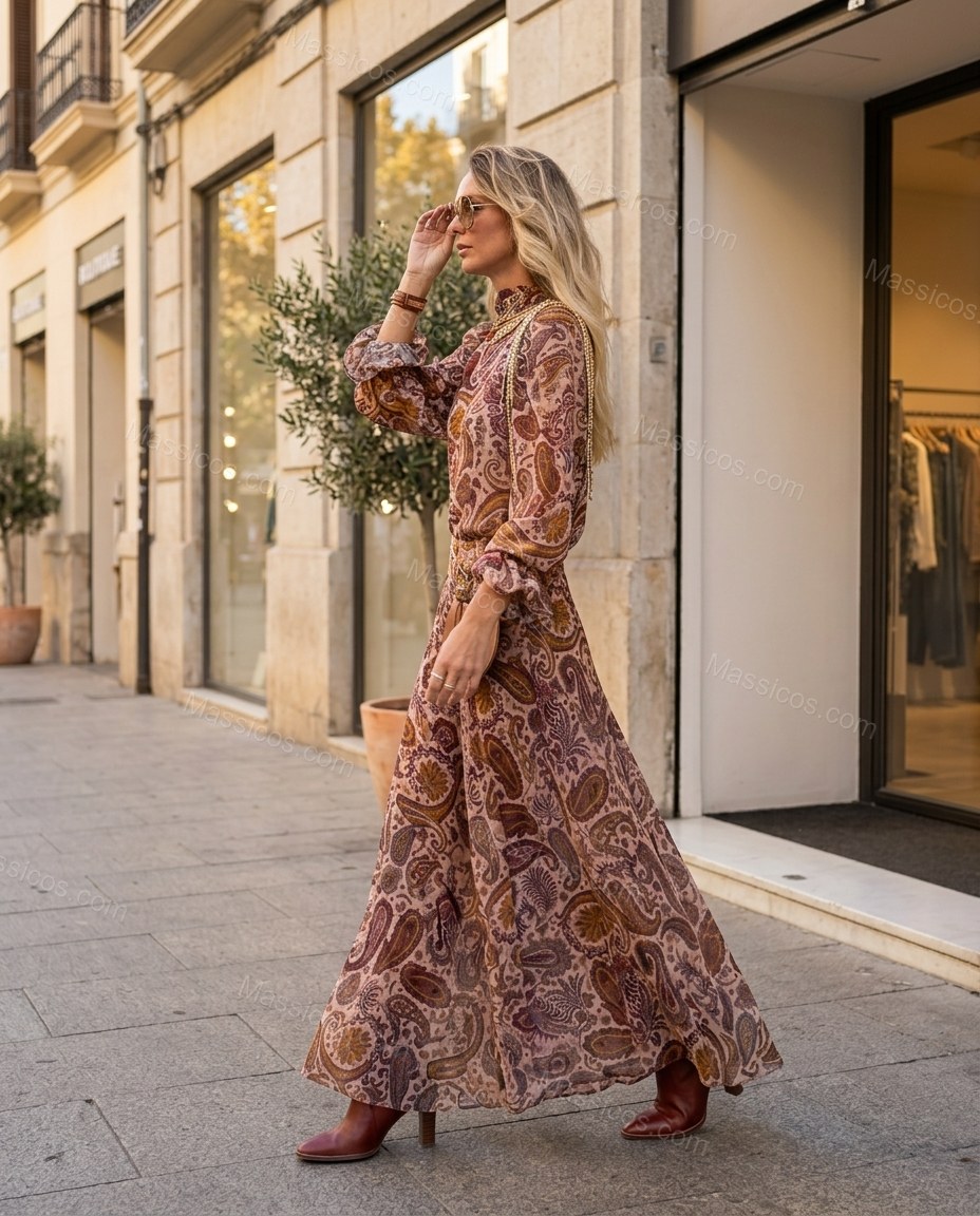 Brown Paisley Maxi Ruffled Dress, three-quarter brand lifestyle view, by Massicos